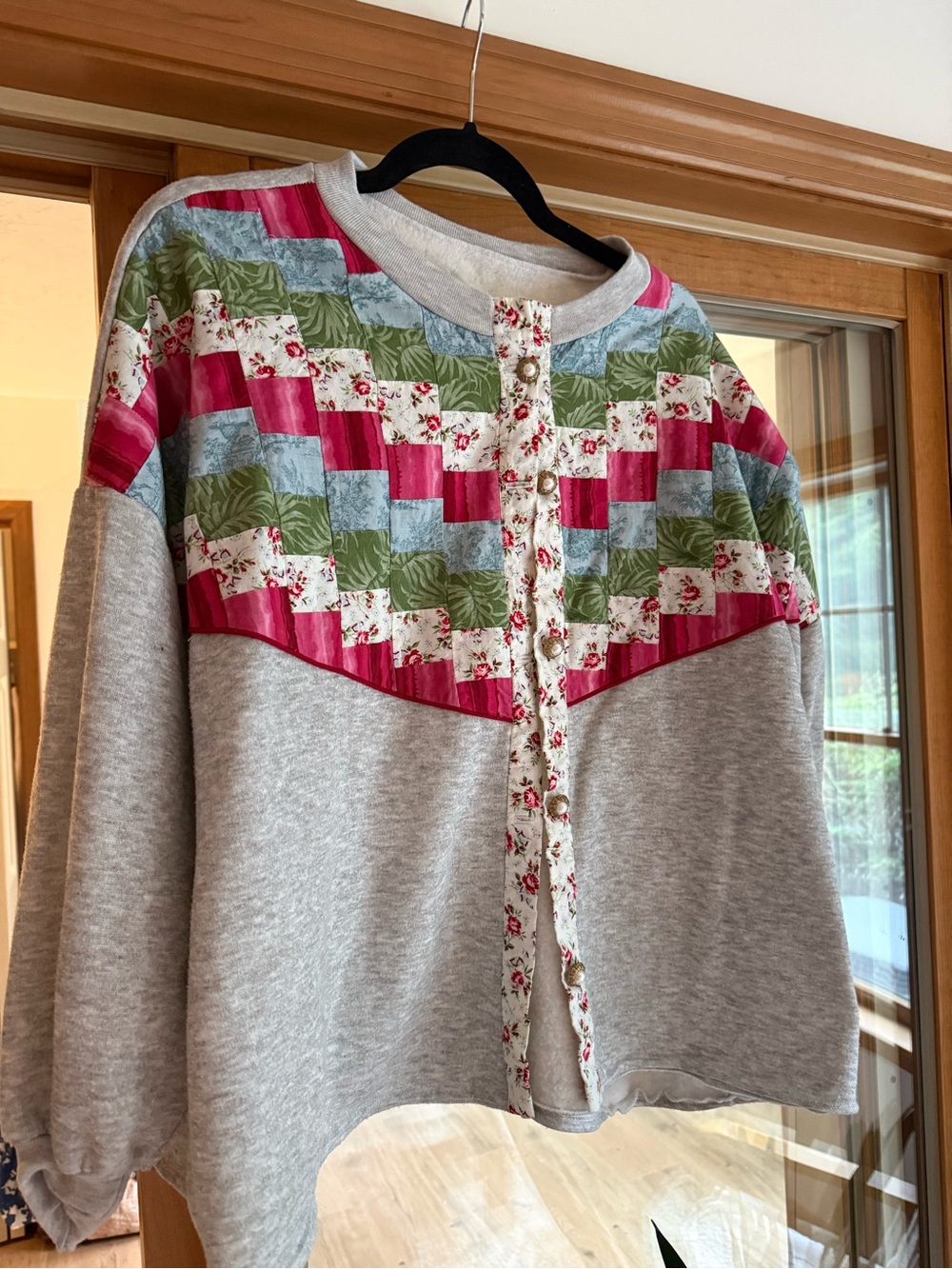 Gray Quilted-Panel Cardigan with Pink & Green Accents